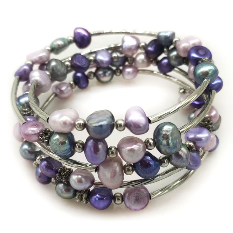 Memory Wire Bracelet - Bracelet en perles baroques naturelles violettes